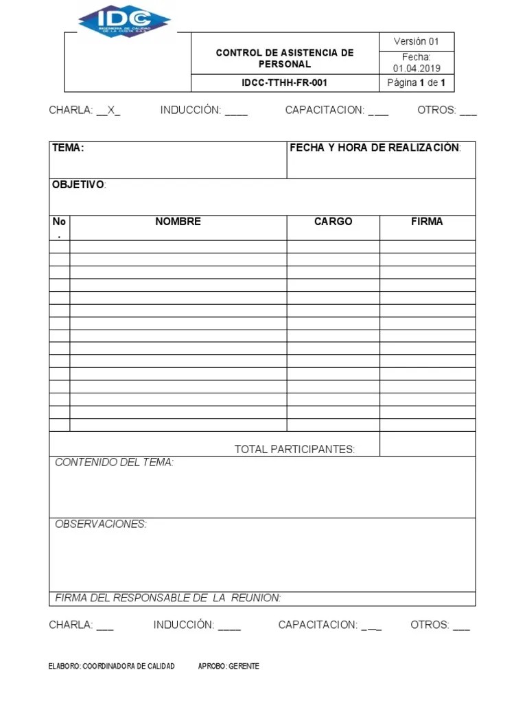 Idcc-Tthh-Fr-001 Control De Asistencia De Personal | PDF | Gobierno | Bienestar
