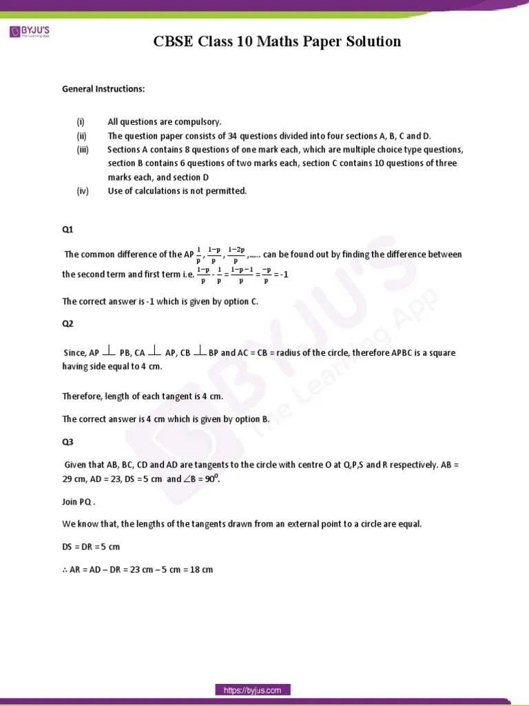 CBSE Class 10 Maths Paper Solution: General Instructions | PDF | Circle ...