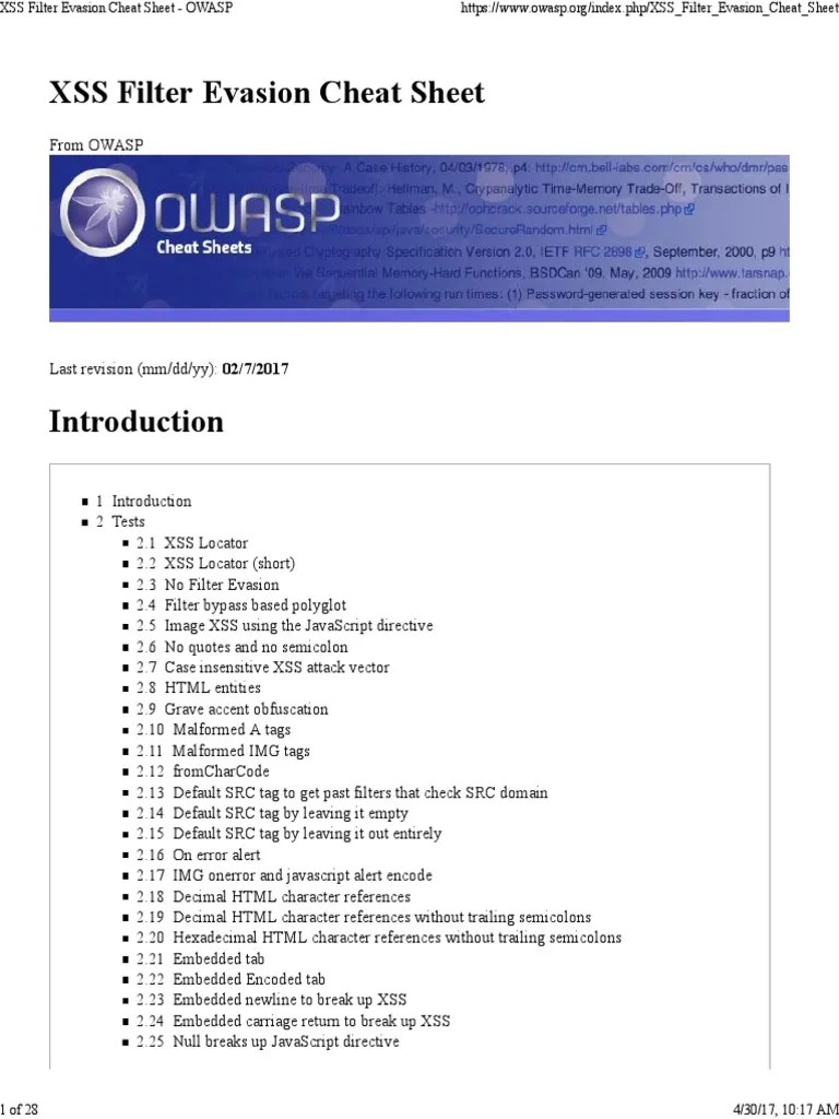 XSS Filter Evasion Cheat Sheet | PDF | Html Element | Java Script