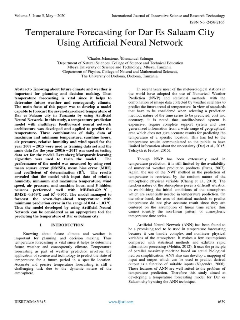 Temperature Forecasting For Dar Es Salaam City Using Artificial Neural ...
