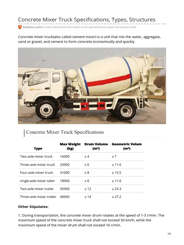 Concrete mixer truck specifications types structures pdf
