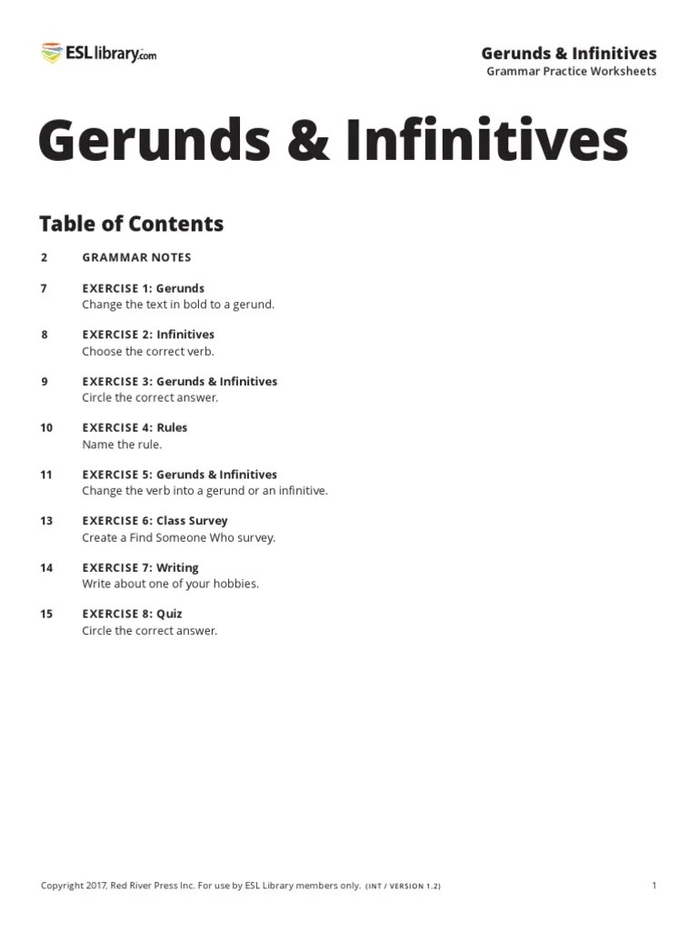 gerunds infinitives grammar practice worksheets esl library pdf object grammar verb