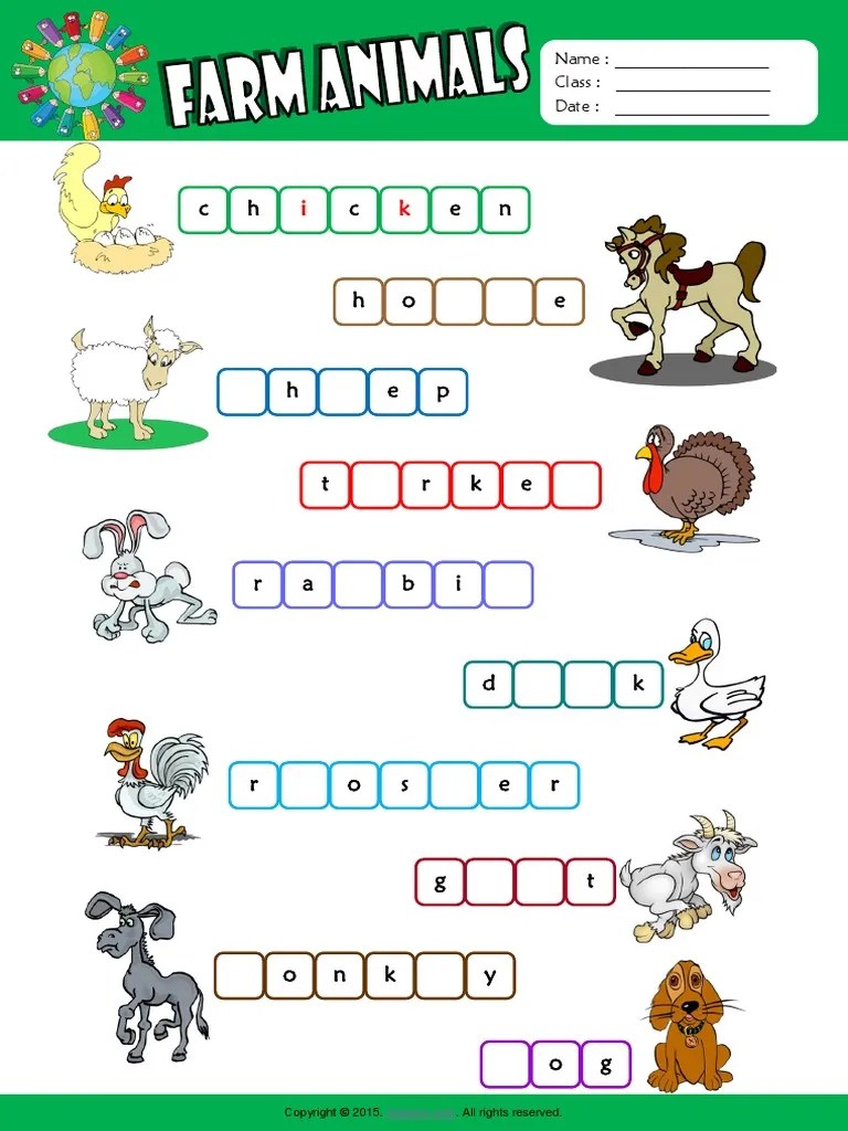 Farm Animals Esl Vocabulary Missing Letters In Words Worksheet For Kids | PDF