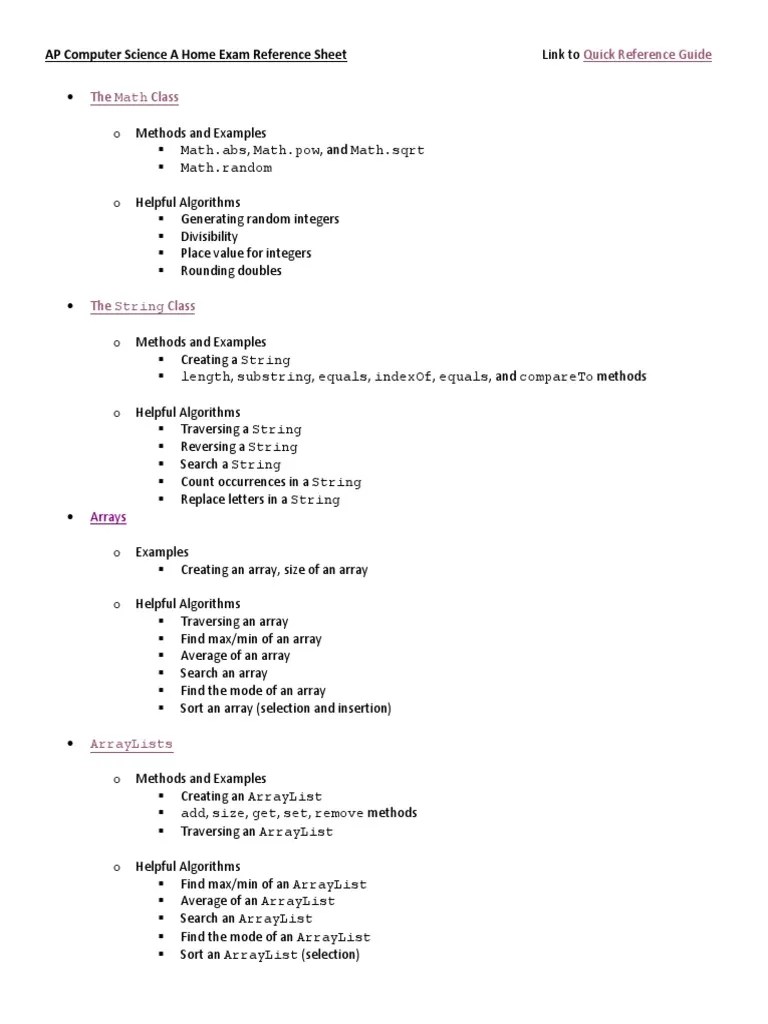 Quick Reference Guide The Math Class: AP Computer Science A Home Exam Reference Sheet | PDF ...