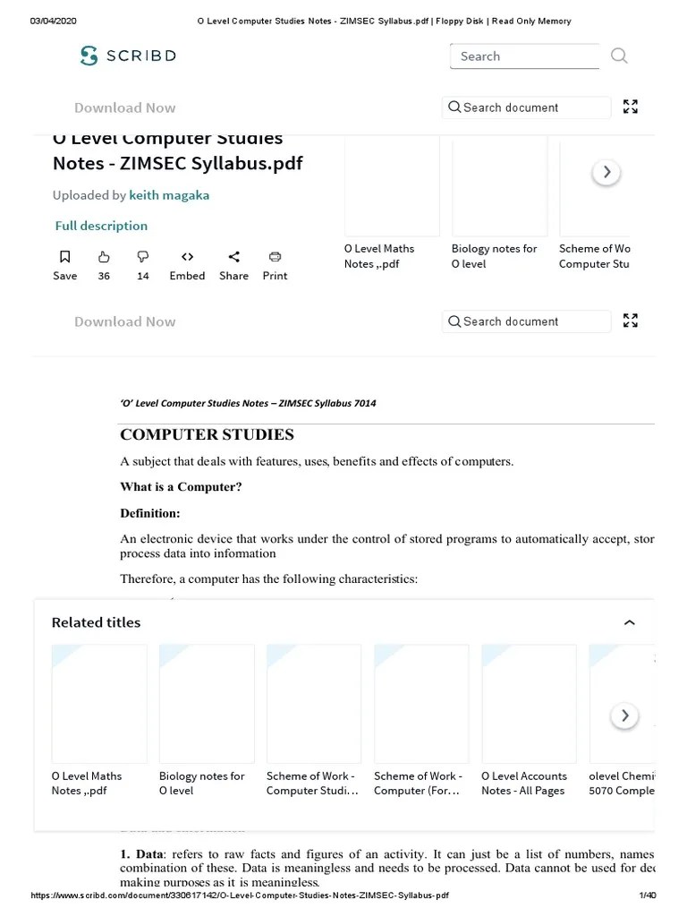 O Level Computer Studies Notes - ZIMSEC Syllabus - PDF - Floppy Disk ...
