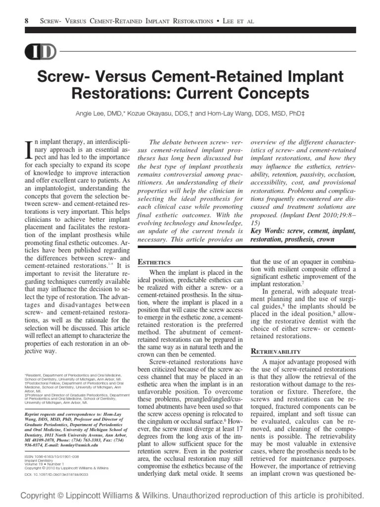 Screw-Versus Cement-Retained Implant Restorations | PDF | Dental Implant | Mouth