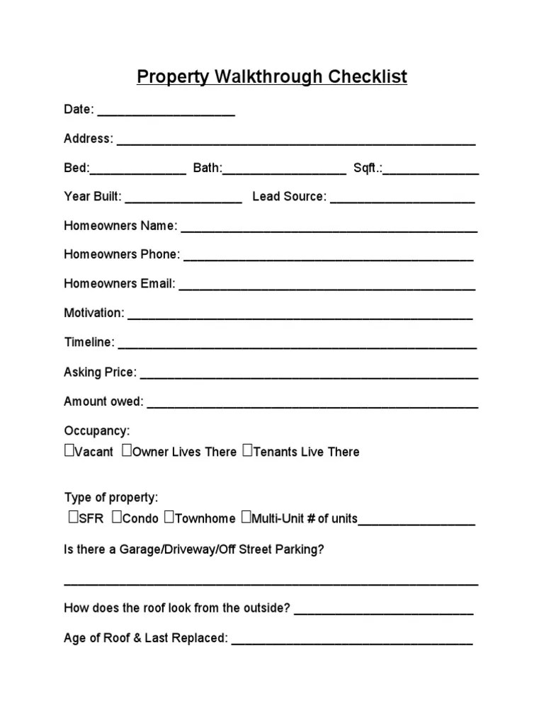 Property Walkthrough Checklist | PDF | Basement | Water Heating