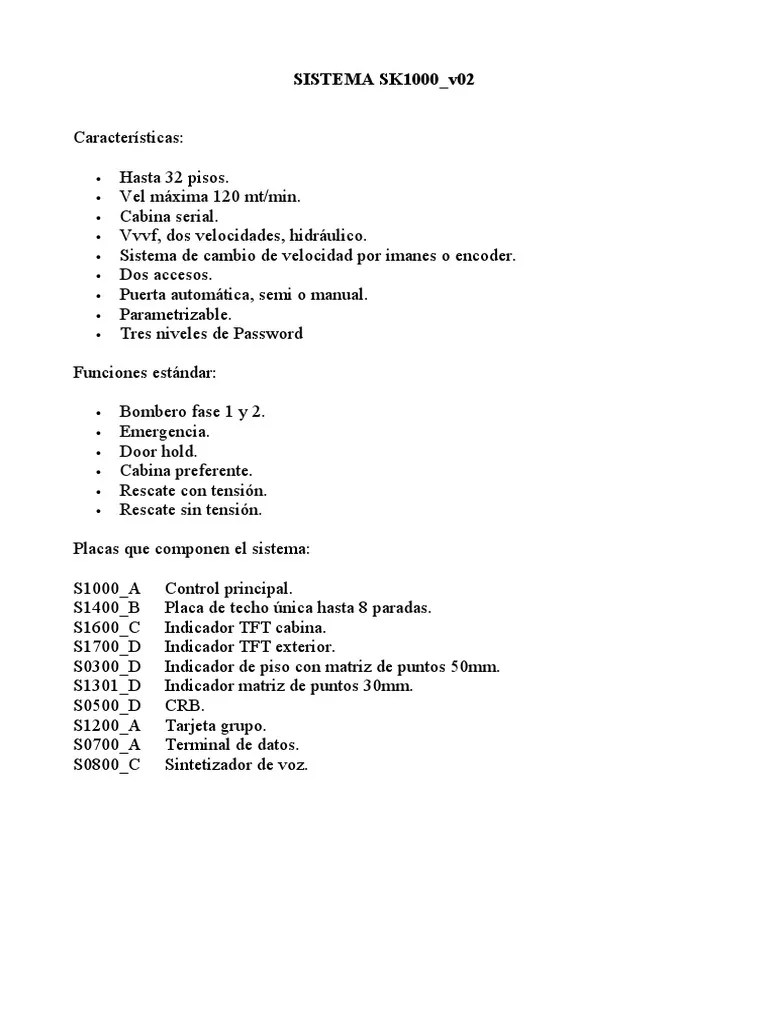 Sistema De Control De Ascensor SK1000_v02: Descripción Completa De Características, Funciones ...
