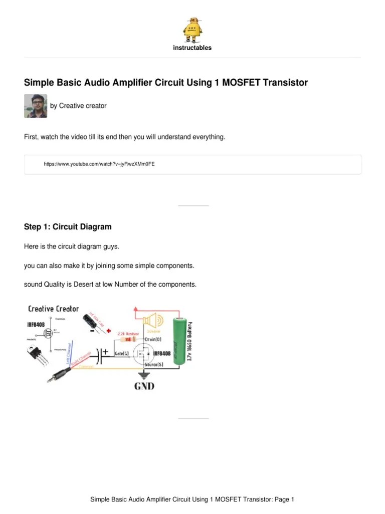 Simple Basic Audio Amplifier Circuit Using 1 MOSFET Transistor | PDF