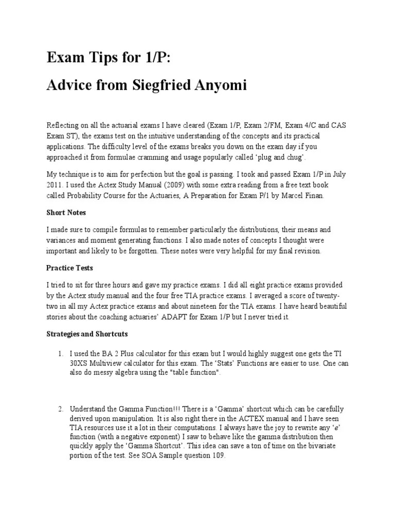 Exam Tips For 1/P: Advice From Siegfried Anyomi: Short Notes | PDF | Mathematical Analysis ...