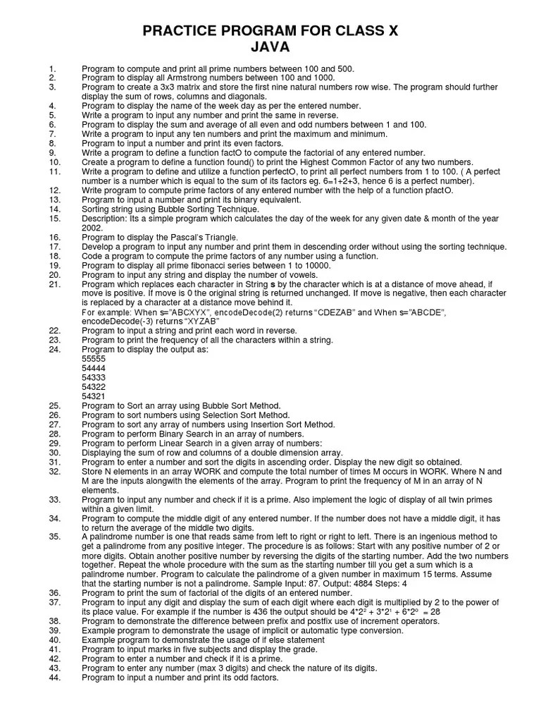 Practice Java Programs For Class X | PDF | Numbers | String (Computer ...