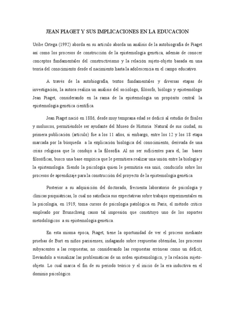 Jean Piaget Y Sus Implicaciones En La Educacion | PDF | Constructivismo (filosofía De La ...
