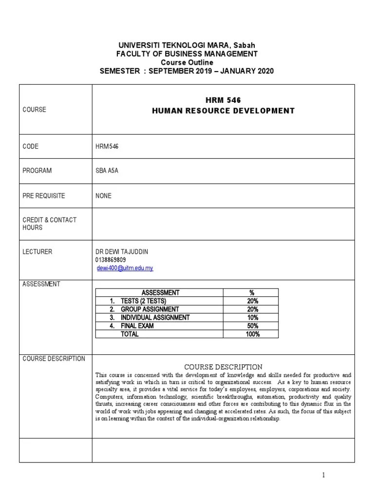 Uitm campus puncak alam selangor hrm 533 introduction of human resources management . Course Outline Hrm549 Pdf Human Resource Management Test Assessment