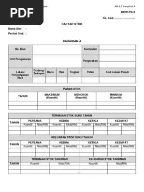 *** untuk barang masuk dan untuk memeriksa barang hendaklah menggunakan pen. Kew Ps 3 Daftar Stok Bahagian A Pdf