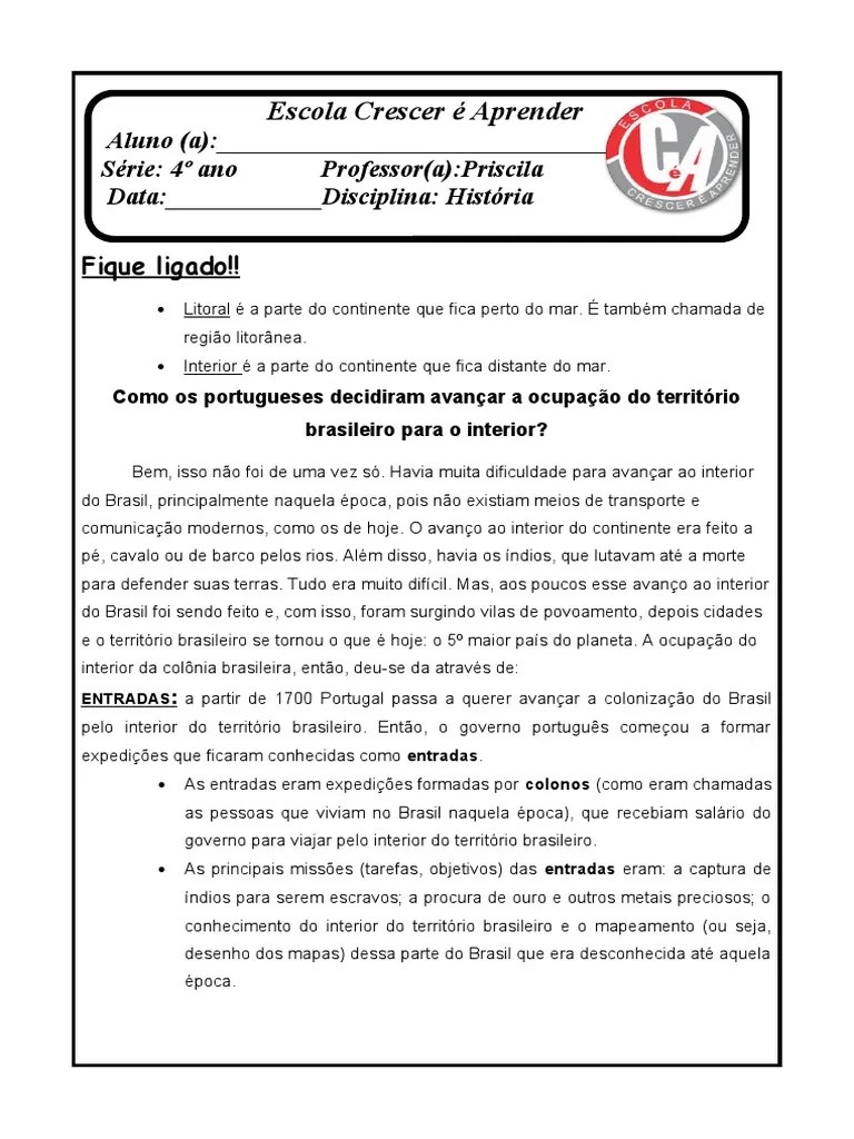 ATIVIDADE DE HISTÓRIA E CIÊNCIAS 4º ANO | PDF | Brasileiros | Brasil