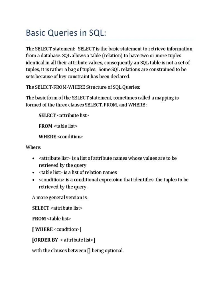 Basic Queries In SQL:: SELECT FROM WHERE | PDF | Data Type | Sql