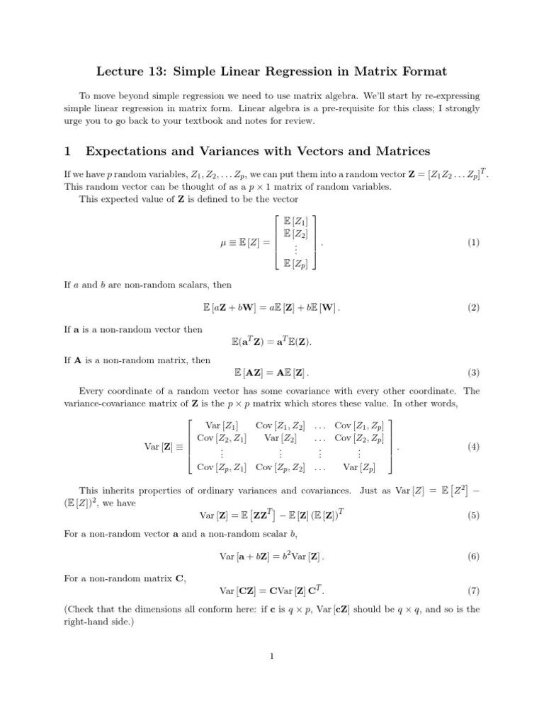 Lecture 13: Simple Linear Regression In Matrix Format | PDF | Maxima ...