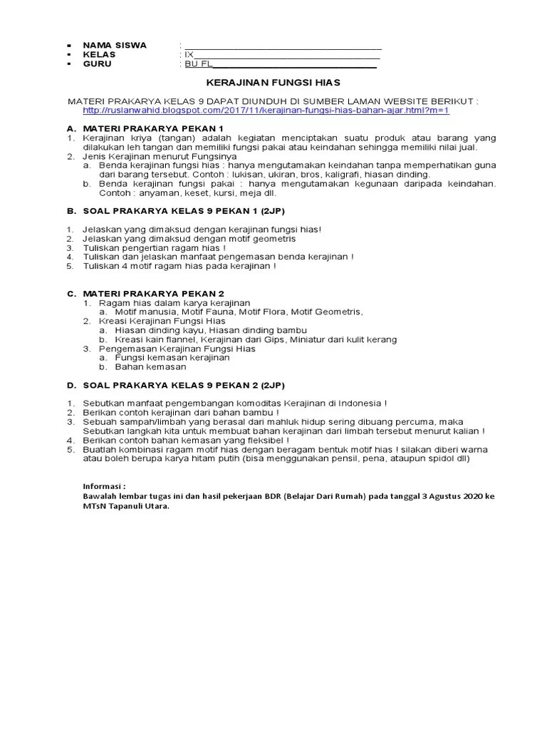 Materi Dan Soal Prakarya Pekan 1 Dan 2 (2 JP) FLM 2 Pertemuan | PDF