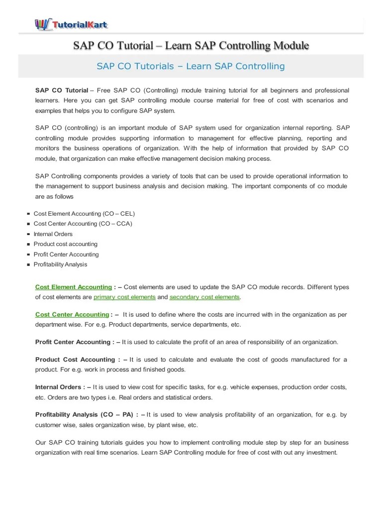SAP CO Tutorial - Learn SAP Controlling Module | PDF | Cost | Cost ...