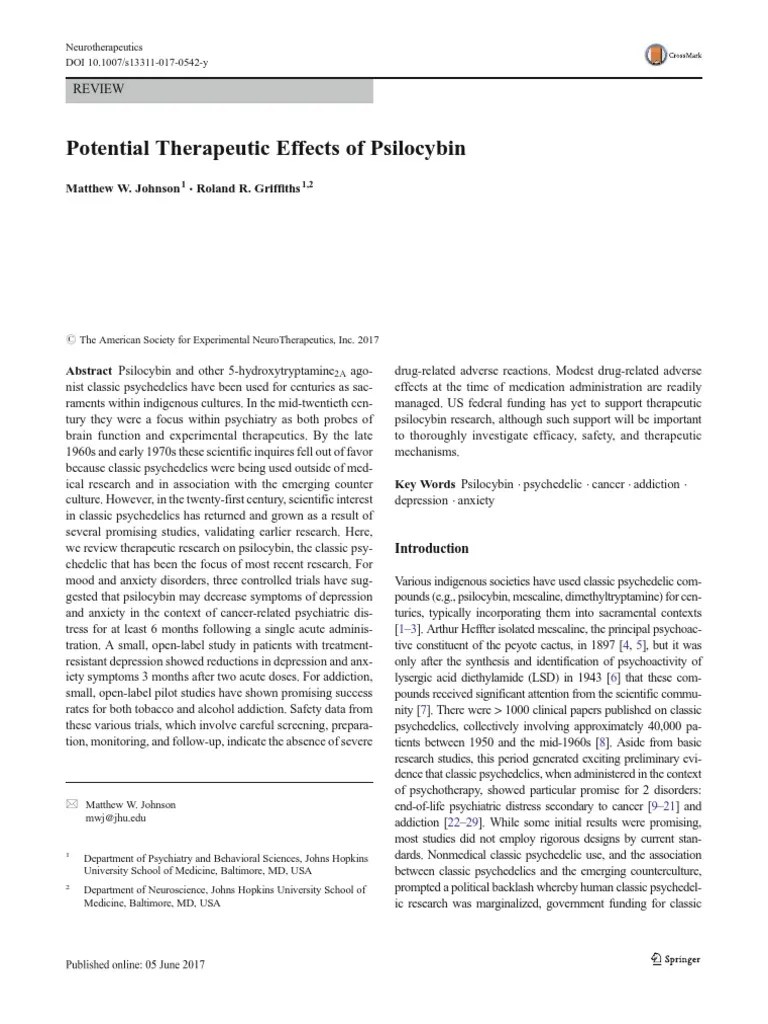 Potential Therapeutic Effects Of Psilocybin | Download Free PDF | Psilocybin | Smoking Cessation