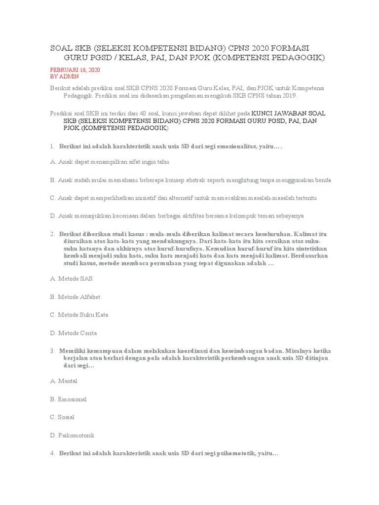 Soal SKB (Seleksi Kompetensi Bidang) Cpns 2020 Formasi Guru PGSD Kelas ...
