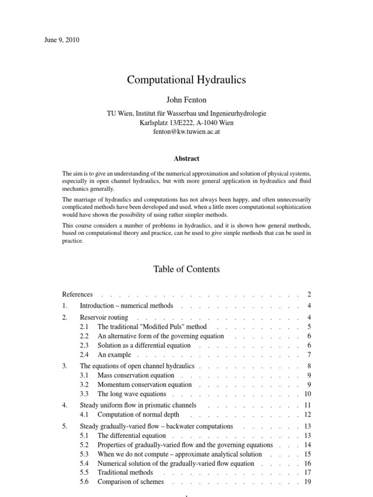 Computational Hydraulics: John Fenton | PDF | Equations | Fluid Dynamics