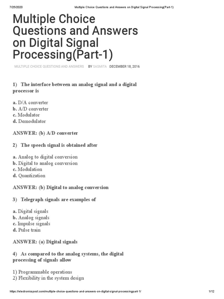 Multiple Choice Questions And Answers On Digital Signal Processing ...
