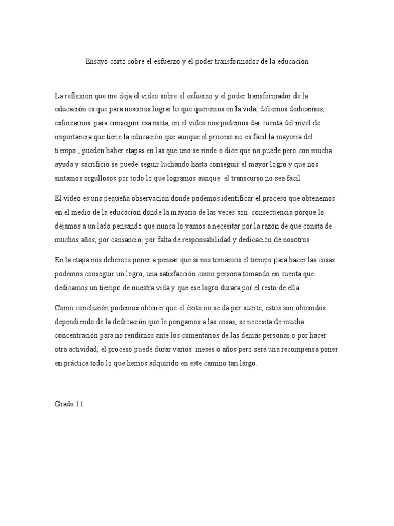 N Ensayo Sobre El Esfuerzo Y El Poder Transformador De La Educacion | PDF