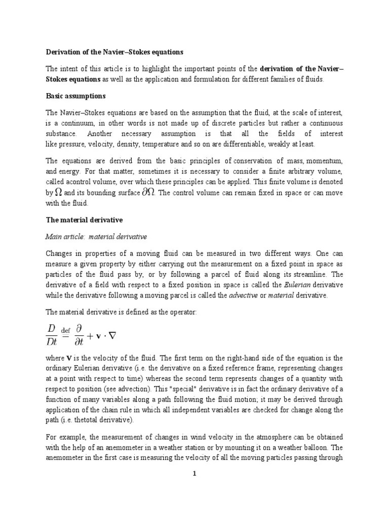 Derivation Of The Navier–Stokes Equations From Fundamental Conservation Principles For Fluid ...