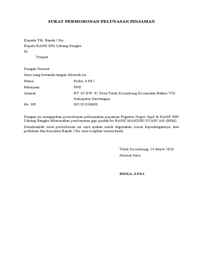 Surat Permohonan Pelunasan Jaman Bank Pdf 