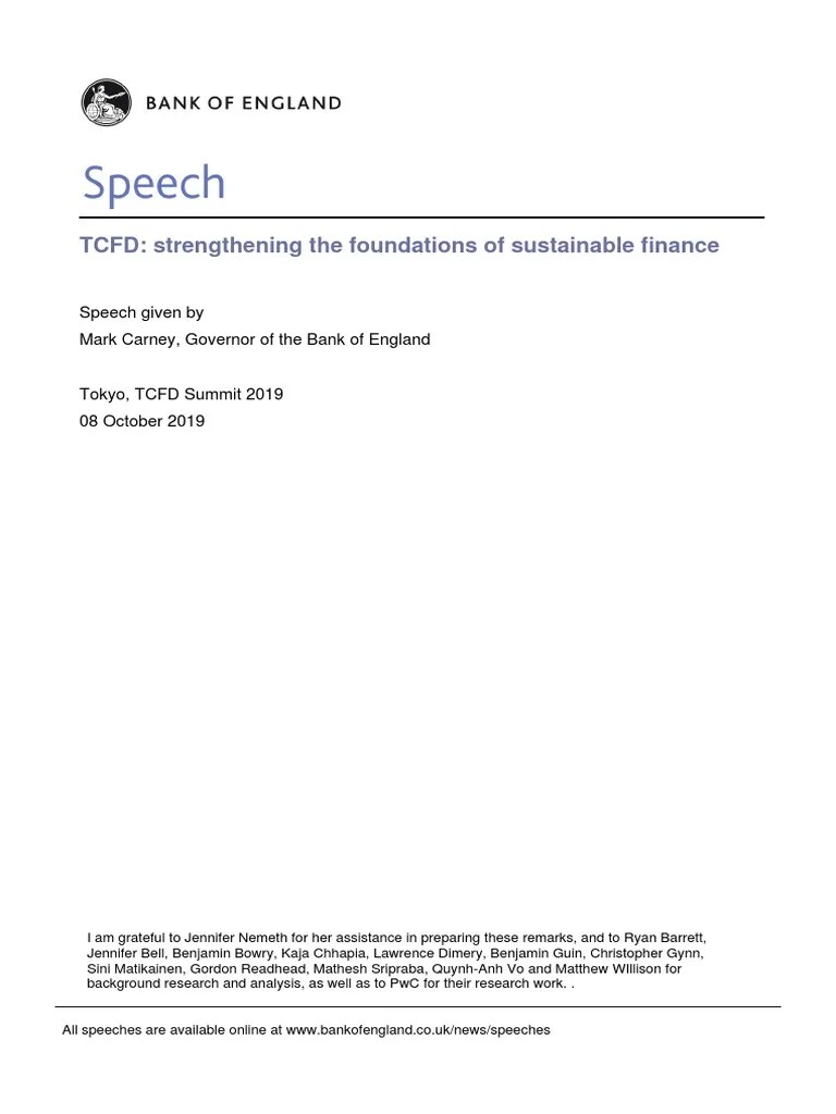 TCFD Strengthening The Foundations Of Sustainable Finance Speech By Mark Carney | PDF | Risk ...
