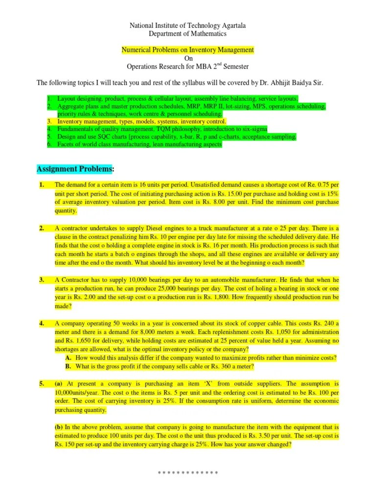 Numerical Problems On Inventory Management PDF | PDF | Inventory | Business Process Management