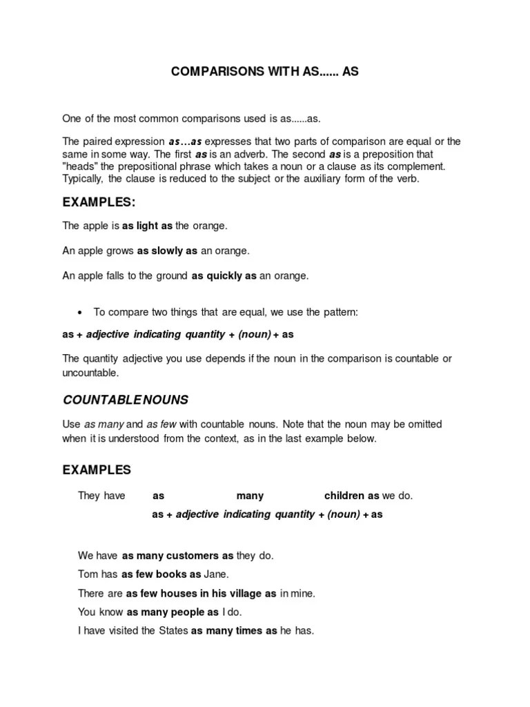 Comparisons With As...... As: As As Expresses That Two Parts Of Comparison Are Equal Or The ...