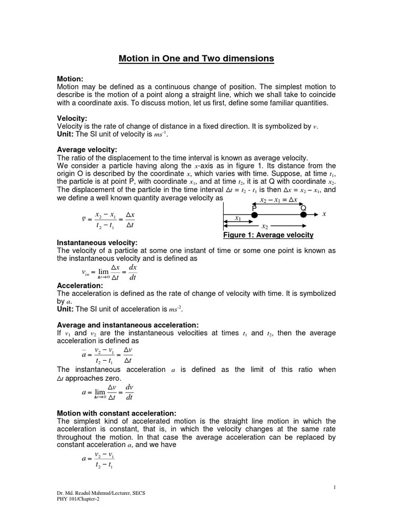 Chapter-2 Motion In 1 2 Dimensions | PDF | Velocity | Acceleration