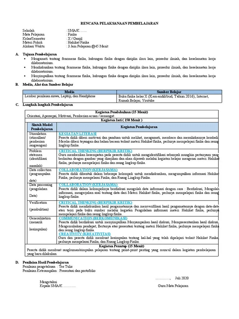 Coba lihat disini contoh rpp fisika sma/smk format satu lembar revisi 2020 sesuai edaran mendikbud nomor 14 tahun 2019. Rpp 1 Lembar Hakikat Fisika Pdf
