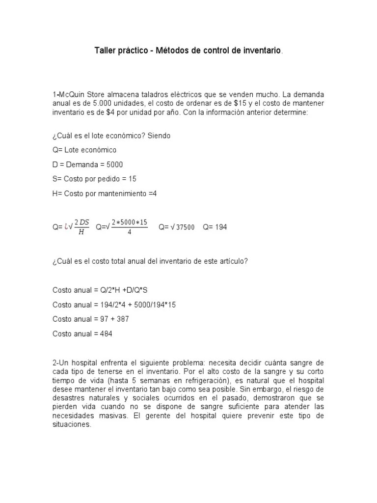 Taller Práctico - Métodos De Control De Inventario. | PDF | Inventario ...