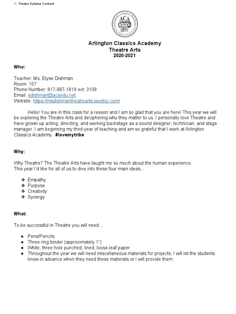 20-21 Theatre Syllabus | PDF | Teachers | Behavior Modification