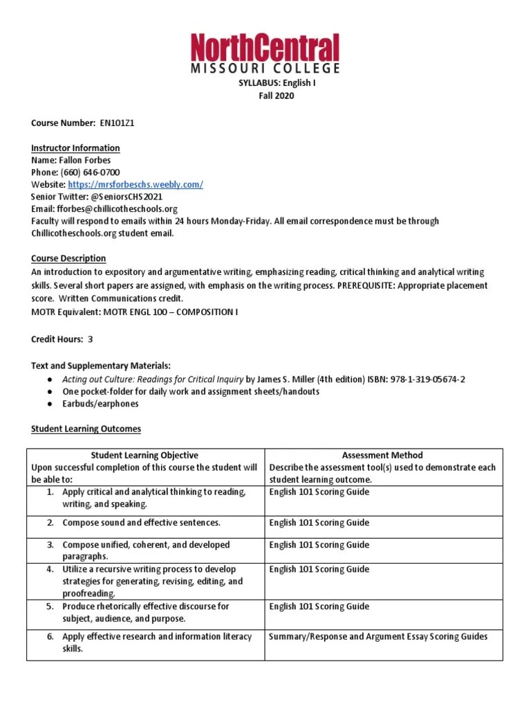 EN 101 Syllabus (Fall 2020) | PDF | Essays | Lecture