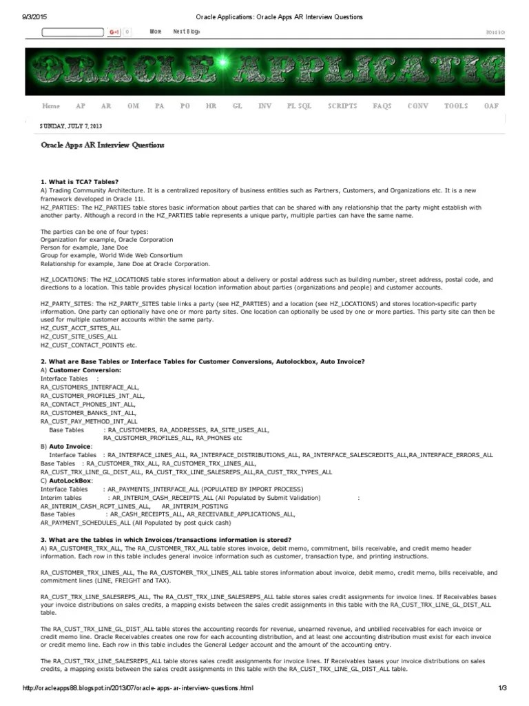 Oracle Apps AR Interview Questions And Answers: Transaction Tables, Receipt Tables, Accounts ...