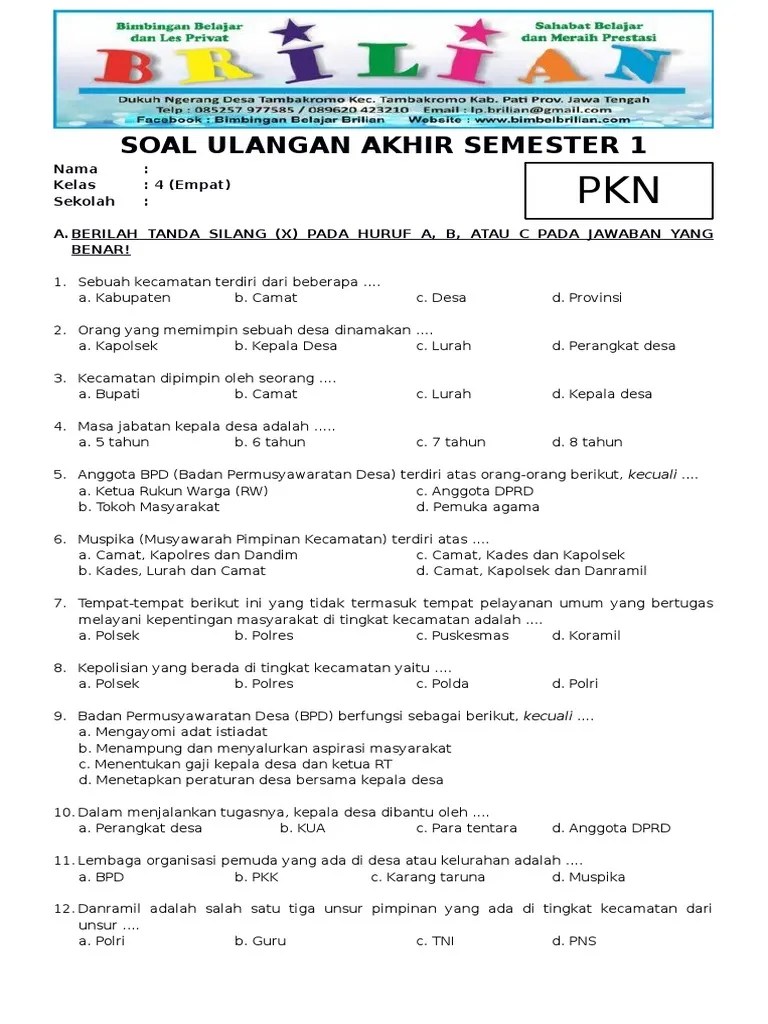Soal UAS PKN Kelas 4 SD Semester 1 (Ganjil) Dan Kunci Jawaban PDF | PDF