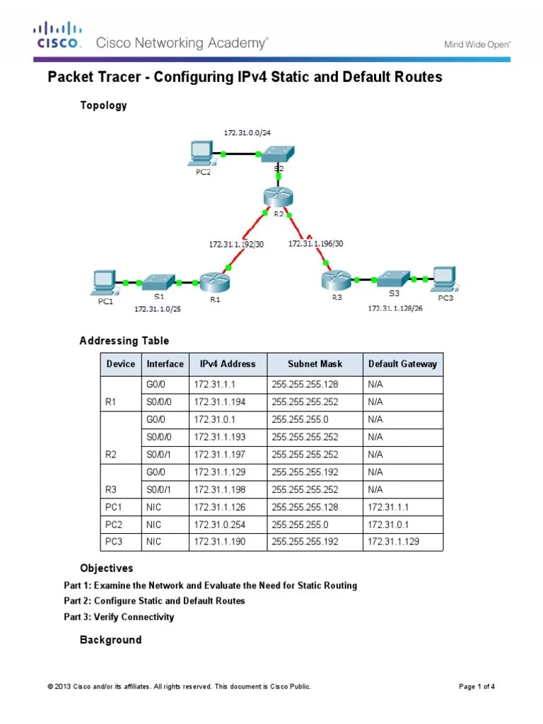 2.2.2.4 Packet Tracer - Configuring IPv4 Static And Default Routes ...