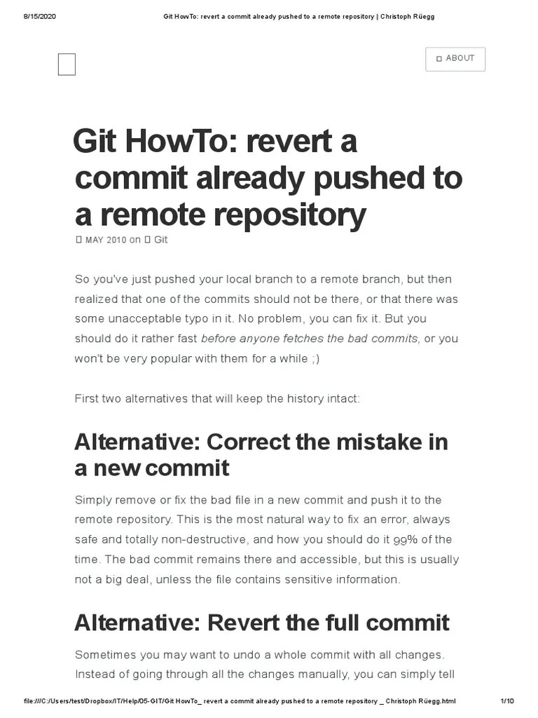 Git HowTo - Revert A Commit Already Pushed To A Remote Repository - Christoph Rüegg | PDF ...
