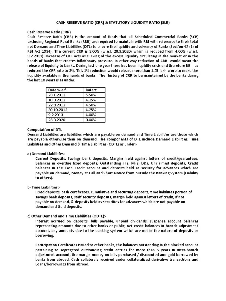CRR-SLR - Students | PDF | Reserve Bank Of India | Banks
