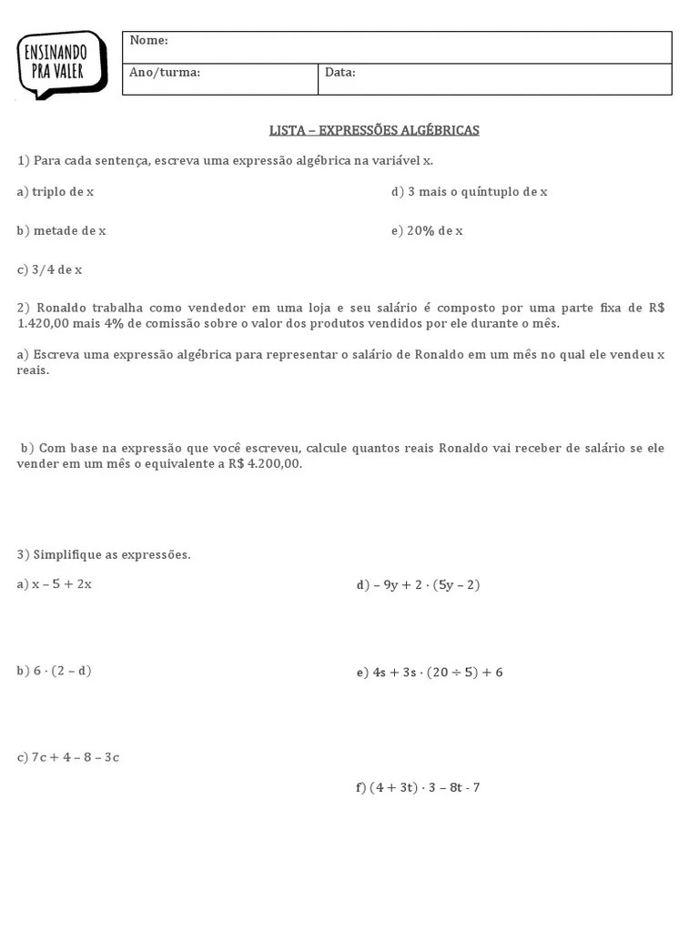 7o Ano - Exercício - EXPRESSÕES ALGÉBRICAS | PDF