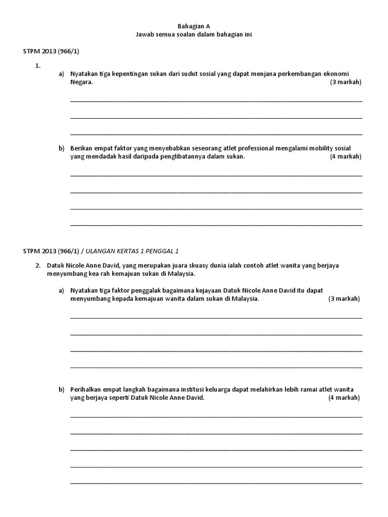 Sulit bahagian a 40 markah jawab semua soalan dalam bahagian ini. Soalan Stpm Sukan Dan Sosialisasi Pdf