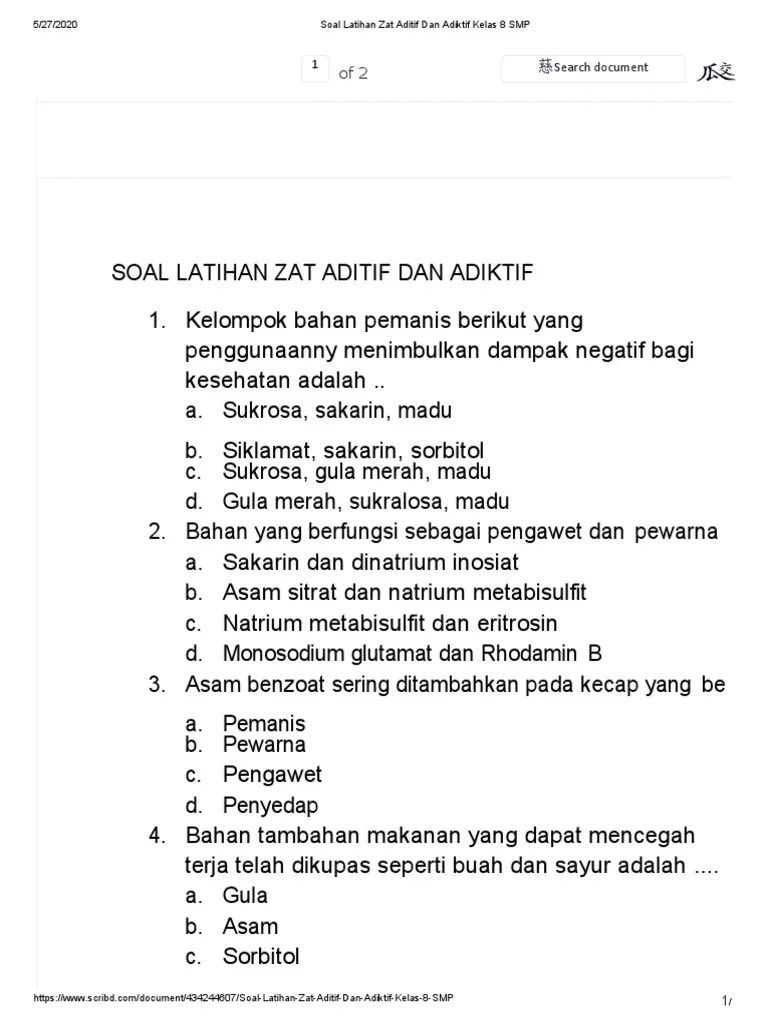 Beberapa zat yang ditambahkan pada makanan untuk keperluan tertentu dinamakan …. Soal Latihan Zat Aditif Dan Adiktif Kelas 8 Smp 1 Pdf