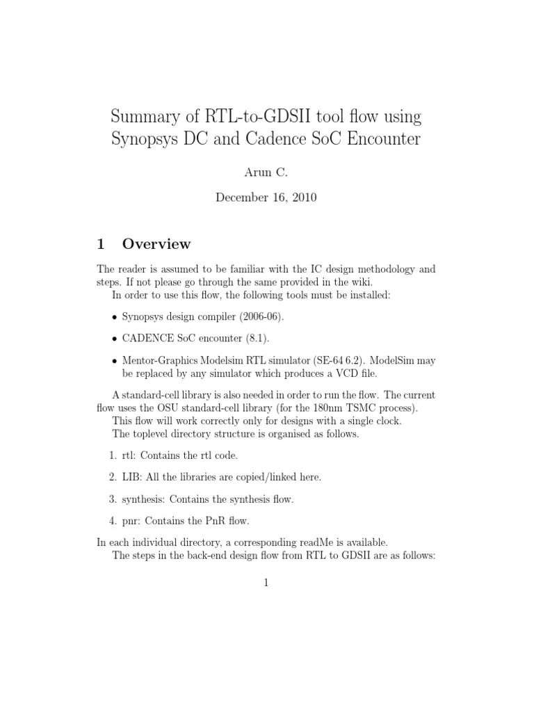 Summary Of Rtl-To-Gdsii Tool Flow Using Synopsys DC And Cadence Soc ...