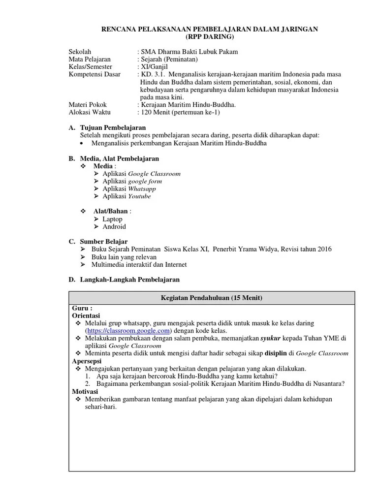 Rpp 1 lembar bahasa indonesia kelas 11 k13 revisi 2021/2022 lengkap, download rpp b. Rpp Sej Xi Daring Pdf