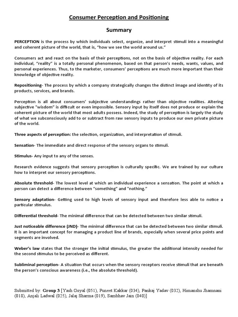 Group 03 - Consumer Perception And Positioning | PDF | Stimulus (Physiology) | Perception