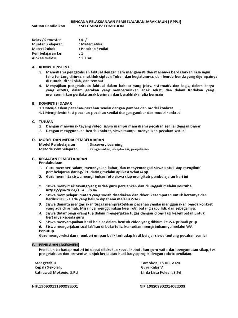 Soal matematika tentang pecahan kelas 4 sd tematik semester 1 bentuk pecahan yang senilai dengan 35 adalah. Rpp Pecahan Senilai Kelas 4